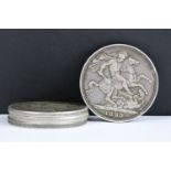 A collection of four British Queen Victoria pre decimal silver full crown coins to include 1889,