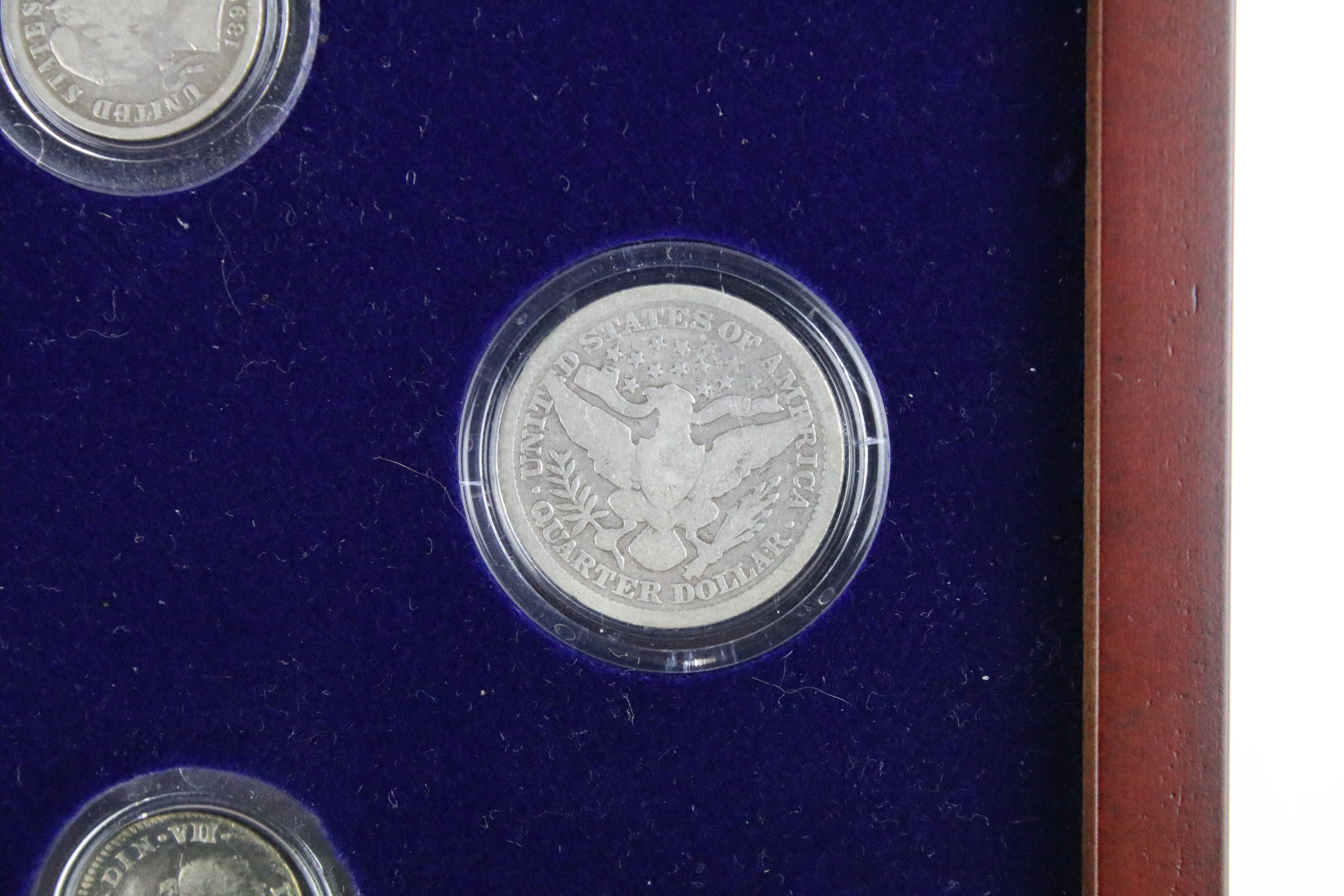 A set of early american silver coins encapsulated within wooden fitted display case. - Image 7 of 12