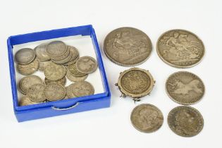 A collection of British pre decimal silver coins to include Queen Victoria full crown coins and a