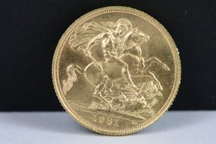 A British Queen Elizabeth II 1981 gold full sovereign coin.