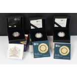 A collection of three Royal Mint silver proof £1 coins to include 2015 and two 2016 examples, all