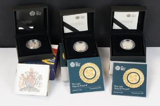 A collection of three Royal Mint silver proof £1 coins to include 2015 and two 2016 examples, all