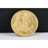 A British King Edward VII 1907 gold half sovereign coin. (Melbourne Mint Mark).