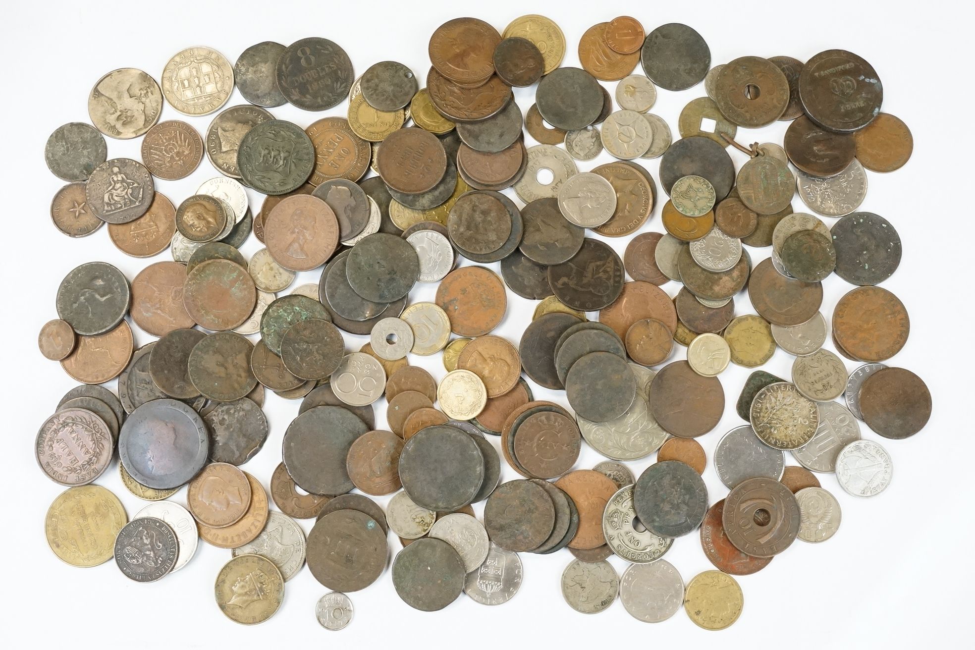 A small collection of British pre decimal and world circulated coins to include Georgian and some