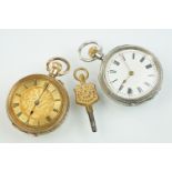 Two ladies fob watches to include a 14ct gold cased example and a silver example. The gold watch