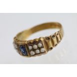19th Century Victorian 18ct gold, sapphire and seed pearl ring. The ring being set with an oval