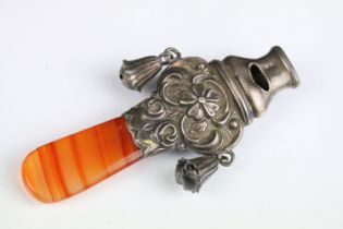 Early 20th Century Edwardian silver babies rattle having a whistle to top with moulded floral
