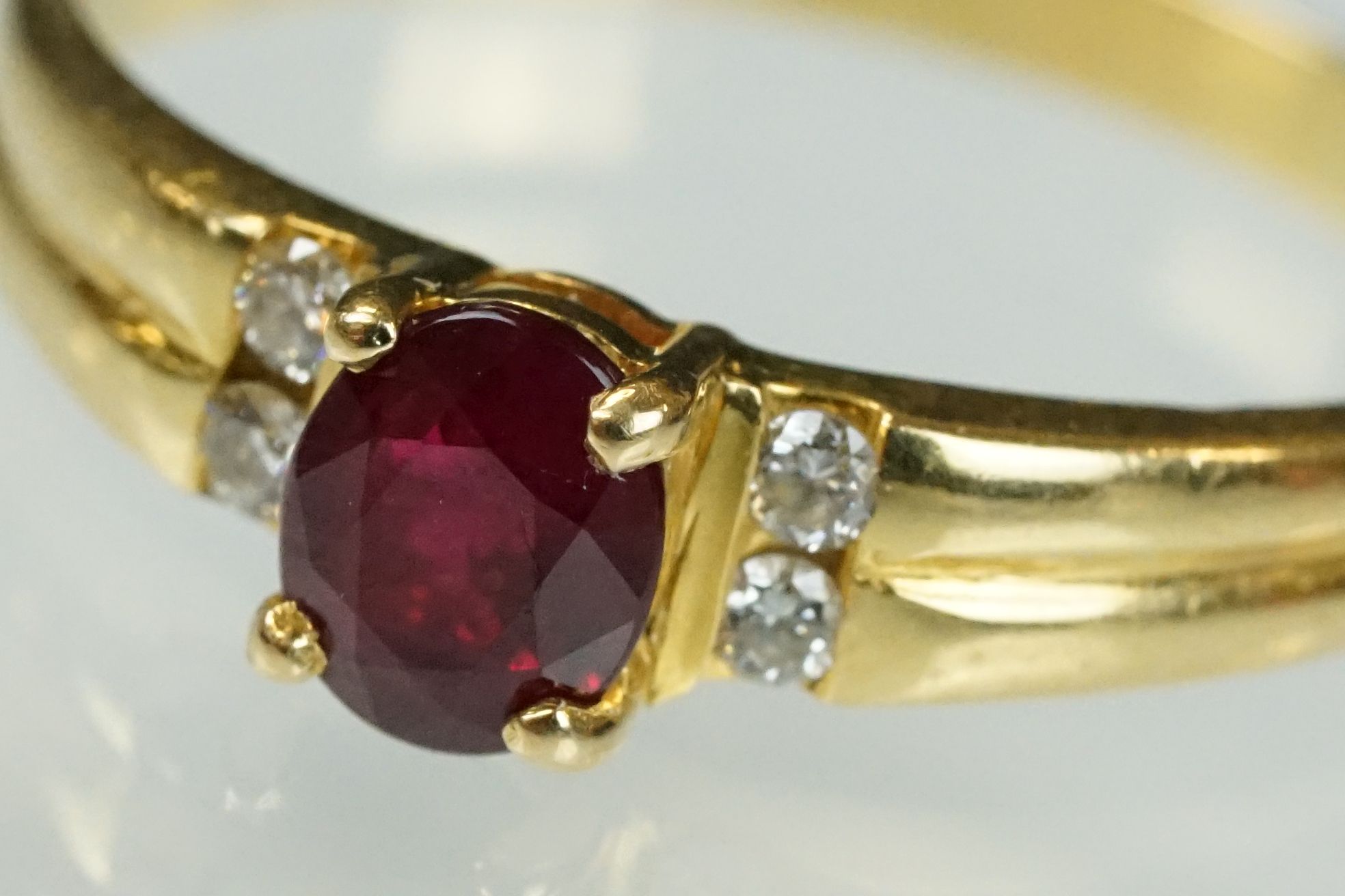 Ruby and diamond 18ct yellow gold ring, the oval mixed cut ruby measuring approx 5.5 x 4.5mm, claw - Image 12 of 23