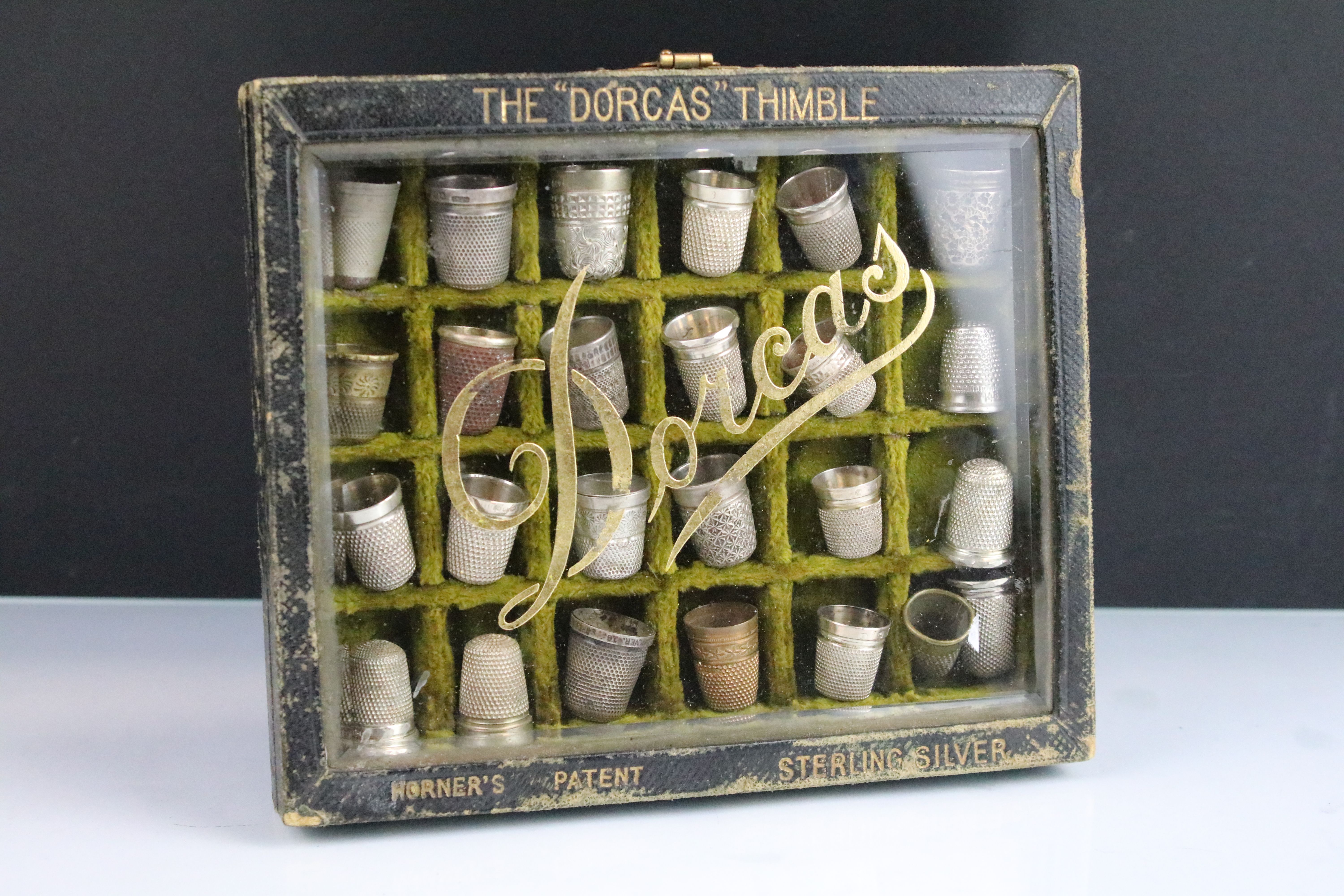 Charles Horner Dorcas Victorian thimble shop display thimble stand together with a collection of