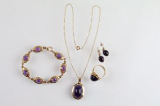 9ct gold and amethyst necklace, bracelet, earrings and ring. Each piece being set with amethyst