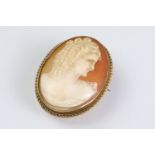 Vintage 9ct gold cameo brooch with a carved portrait set within a rope twist mount. Marked 9ct.