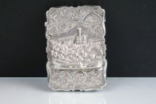 19th Century Victorian silver castle top card case by Nathaniel Mills embossed with a scene of