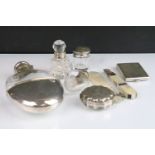 Collection of assorted silver items to include an engraved continental silver box with central panel