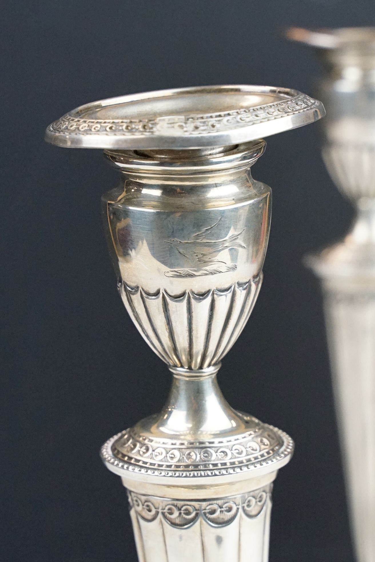 Pair of George III silver hallmarked candlesticks having urn shaped tops with tapering gadrooned - Image 3 of 14