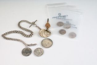 Victorian silver pocket watch chain with graduating links, T bar and dog lead clasp, mounted with