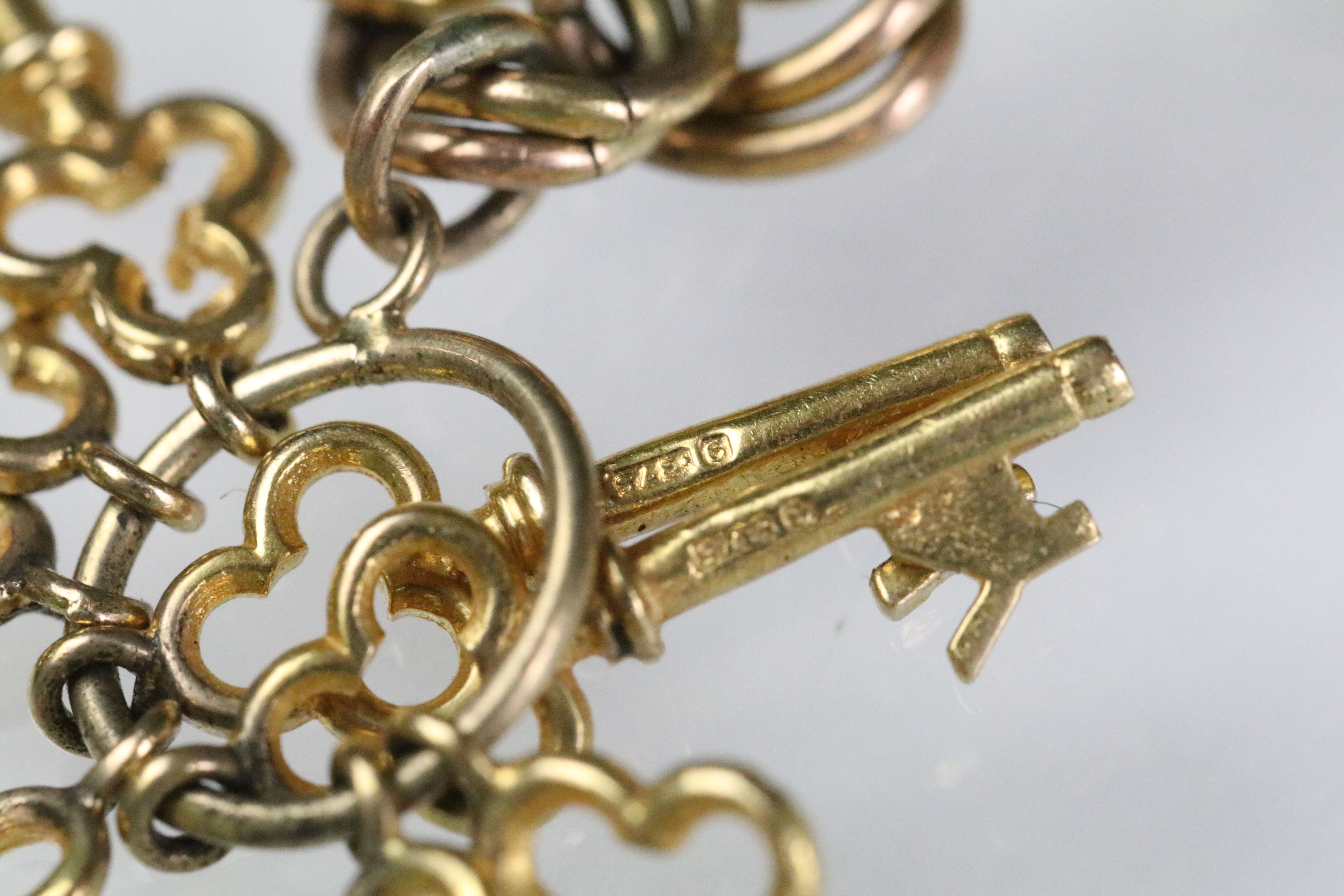 9ct gold hallmarked charm bracelet. The double curb heart lock bracelet mounted with five 9ct gold - Image 11 of 13