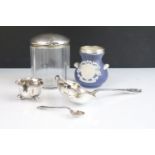 Group of silver hallmarked items to include a cut glass silver lidded pot (hallmarked Birmingham