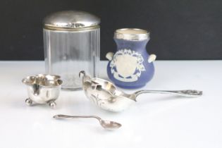 Group of silver hallmarked items to include a cut glass silver lidded pot (hallmarked Birmingham