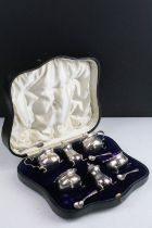 Cased Mappin & Webb silver cruet set consisting of two mustard pots, two table salts and two