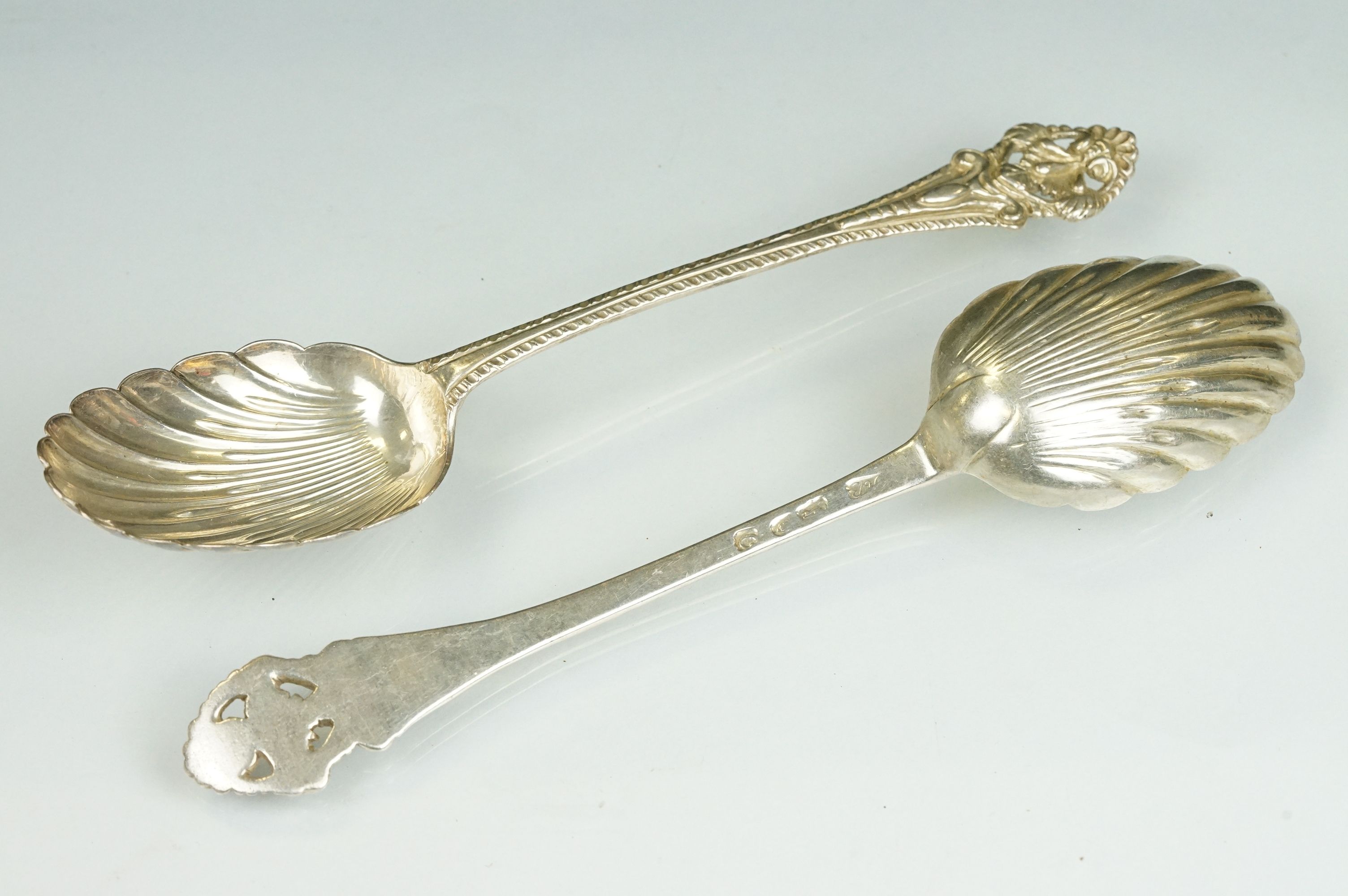 Pair of late 18th Century silver spoons having scallop shell formed bowls with pierced foliate - Image 4 of 6