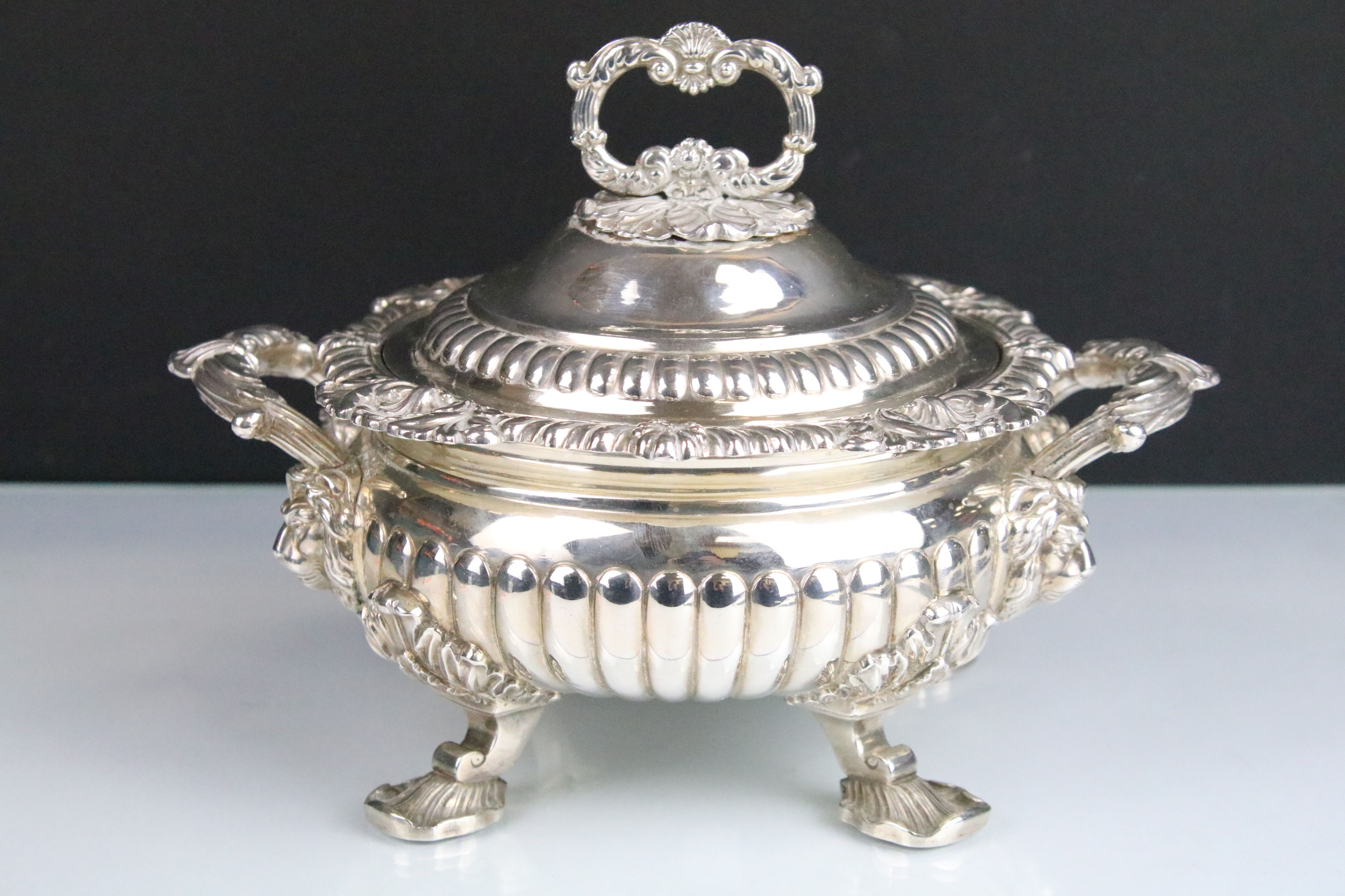 19th Century George III silver hallmarked lidded tureen having moulded gadrooned, shell and