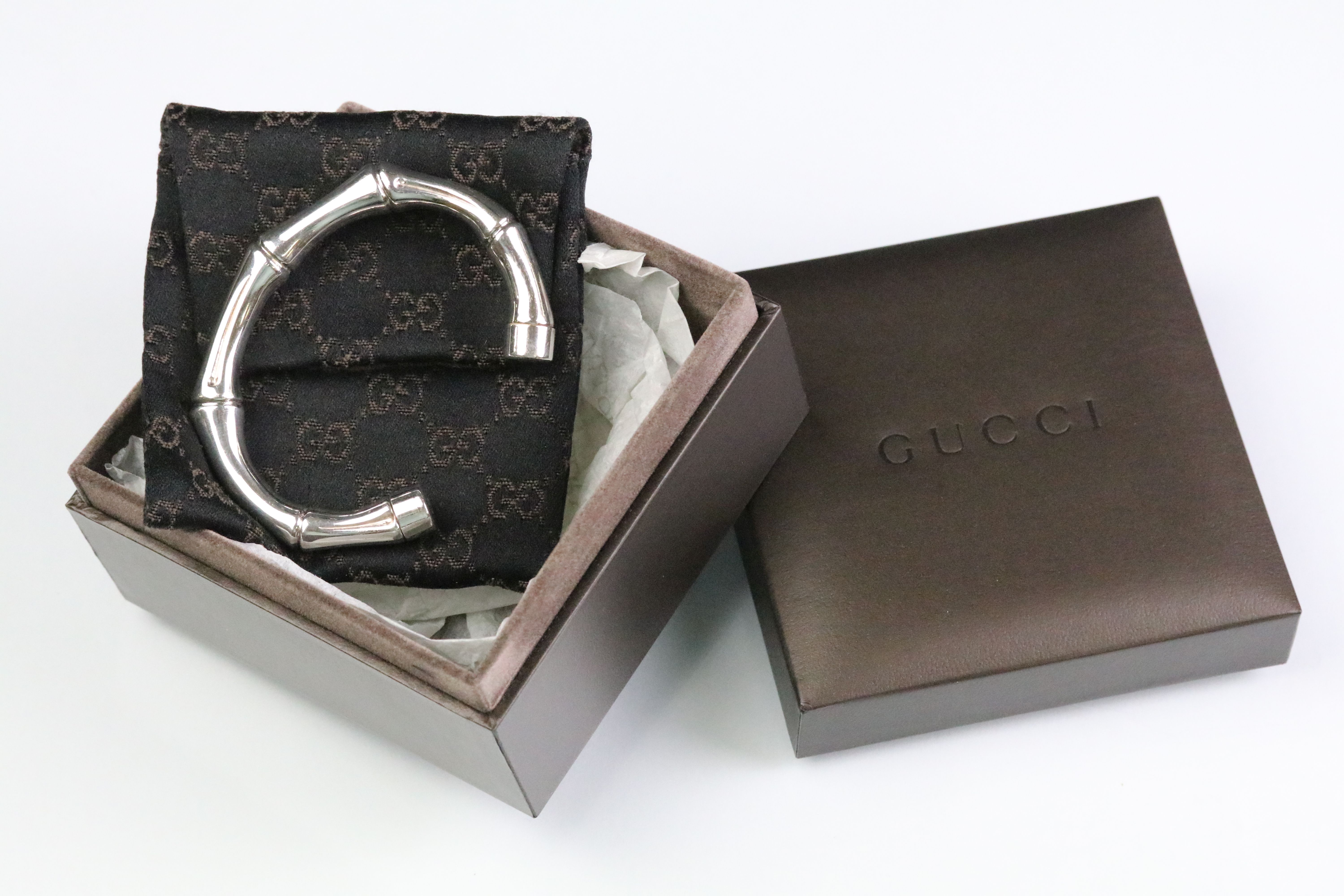 Gucci silver bamboo open bangle bracelet. Complete with original box. Marked Gucci with Italian