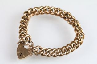 19th Century Victorian 9ct gold curb link bracelet with heart padlock clasp. Clasp hallmarked