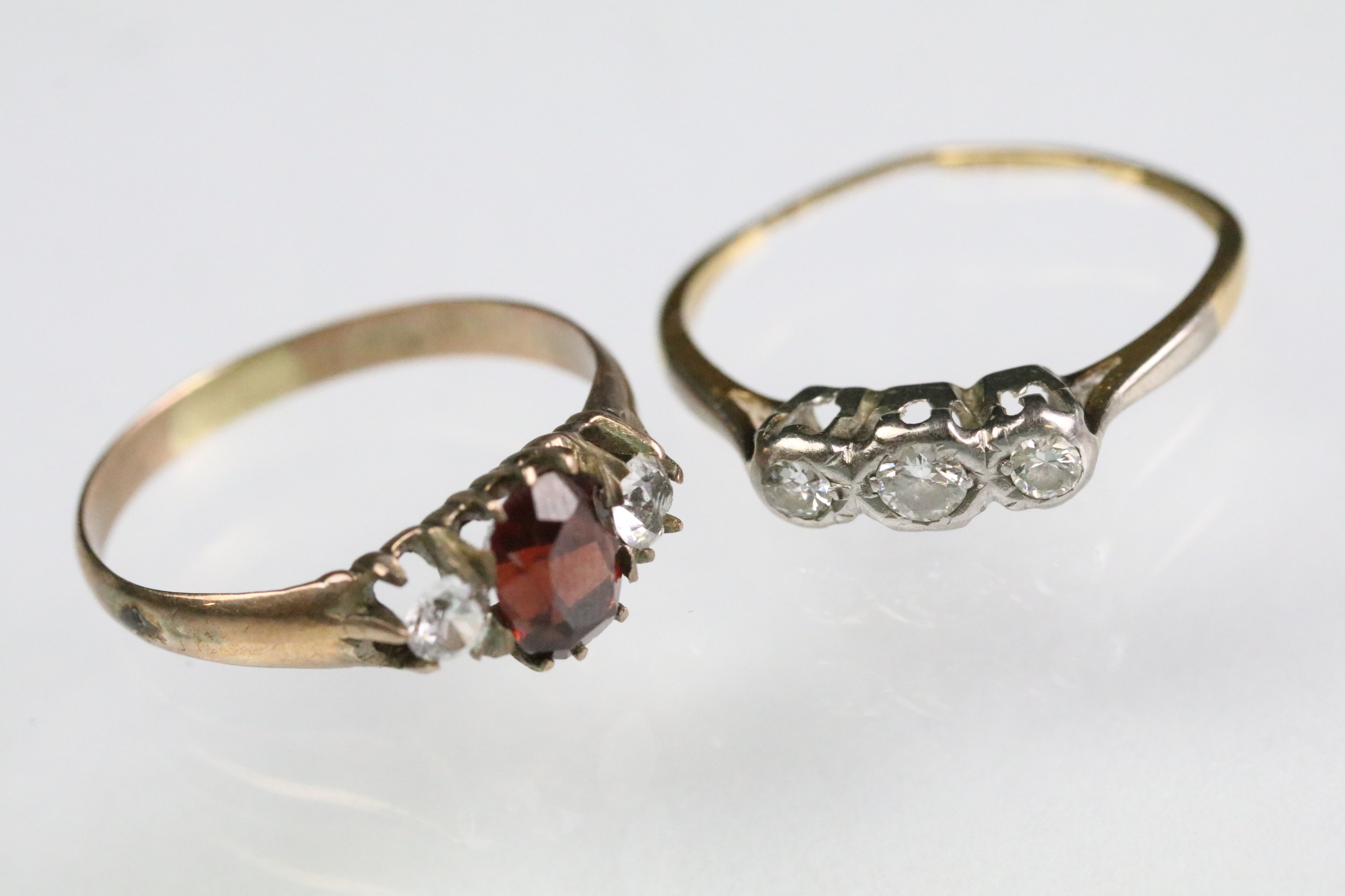 Early 20th Century gold diamond three stone ring (marked 18ct and plat, size J.5), together with a