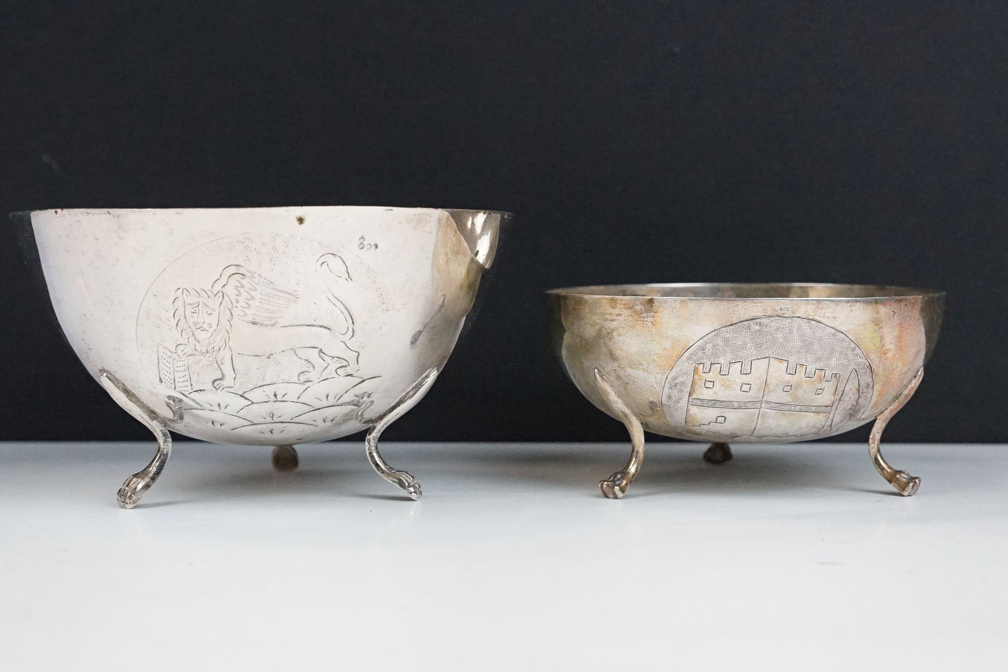 Two continental silver footed bowls to include a bowl with a Venetian crest engraved to front raised
