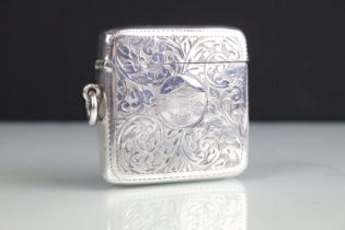 Early 20th Century Edwardian silver hallmarked vesta case having an engraved panel to centre