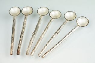 Set of six contemporary style tea spoons having round bowls with twig design handles. Hasllmarked