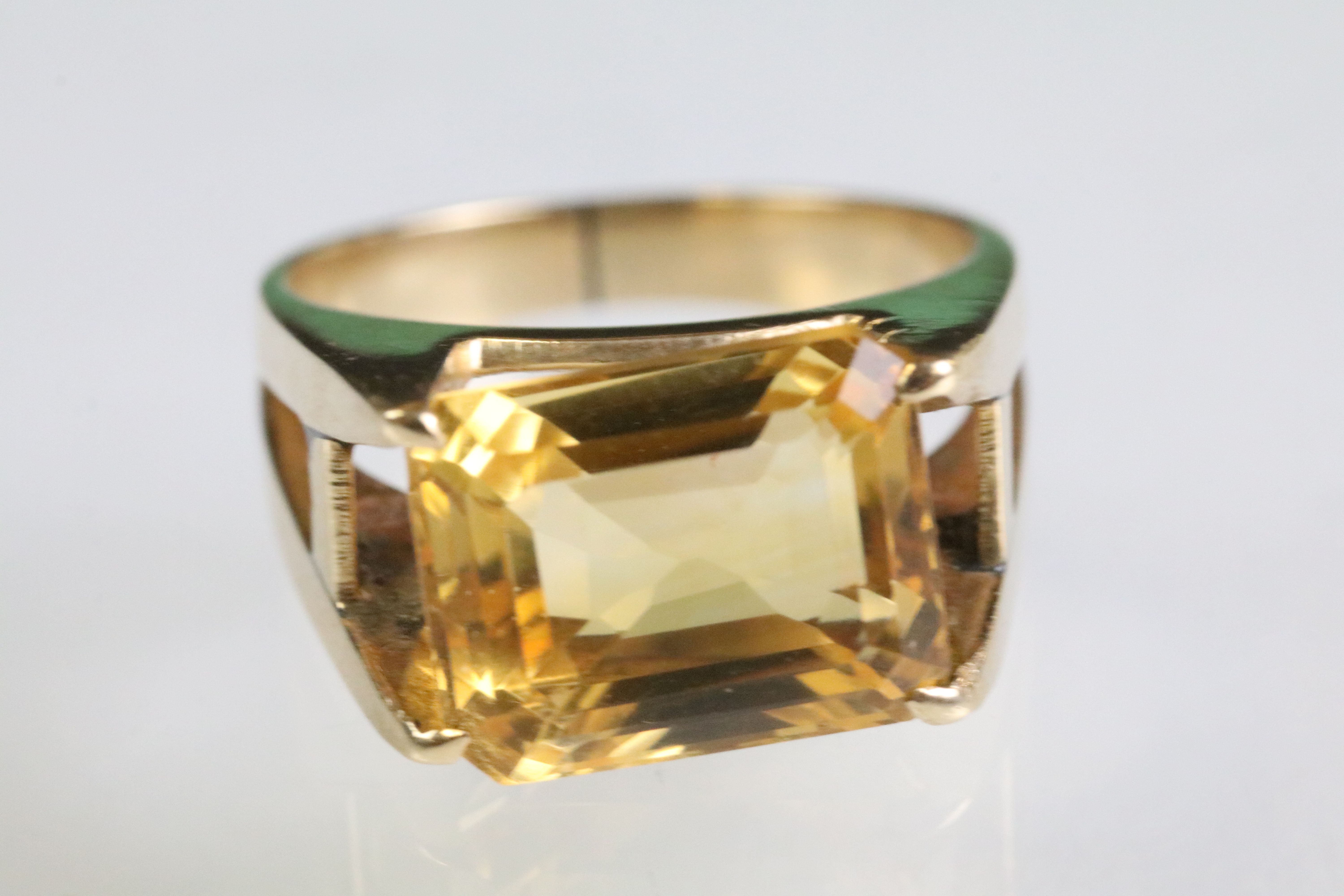 Vintage citrine solitaire ring being set with a step cut citrine in an open four claw setting. - Image 2 of 4