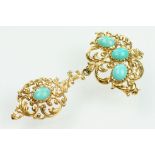 20th Century 9ct gold and turquoise brooch having a pierced scrolled top set with three oval