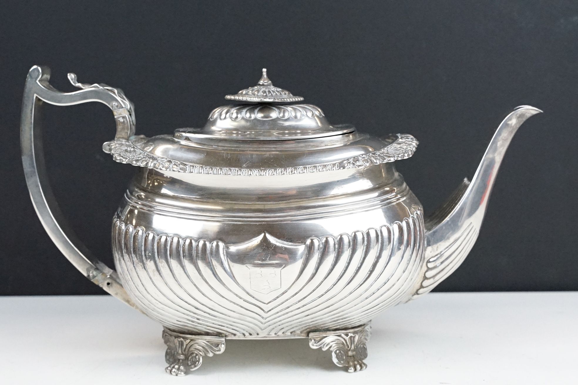 19th Century George III silver hallmarked teapot having a moulded shell and acorn borders, gadrooned - Image 3 of 12