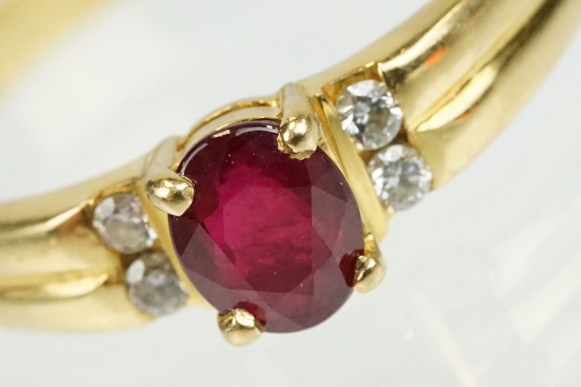 Ruby and diamond 18ct yellow gold ring, the oval mixed cut ruby measuring approx 5.5 x 4.5mm, claw - Image 15 of 23