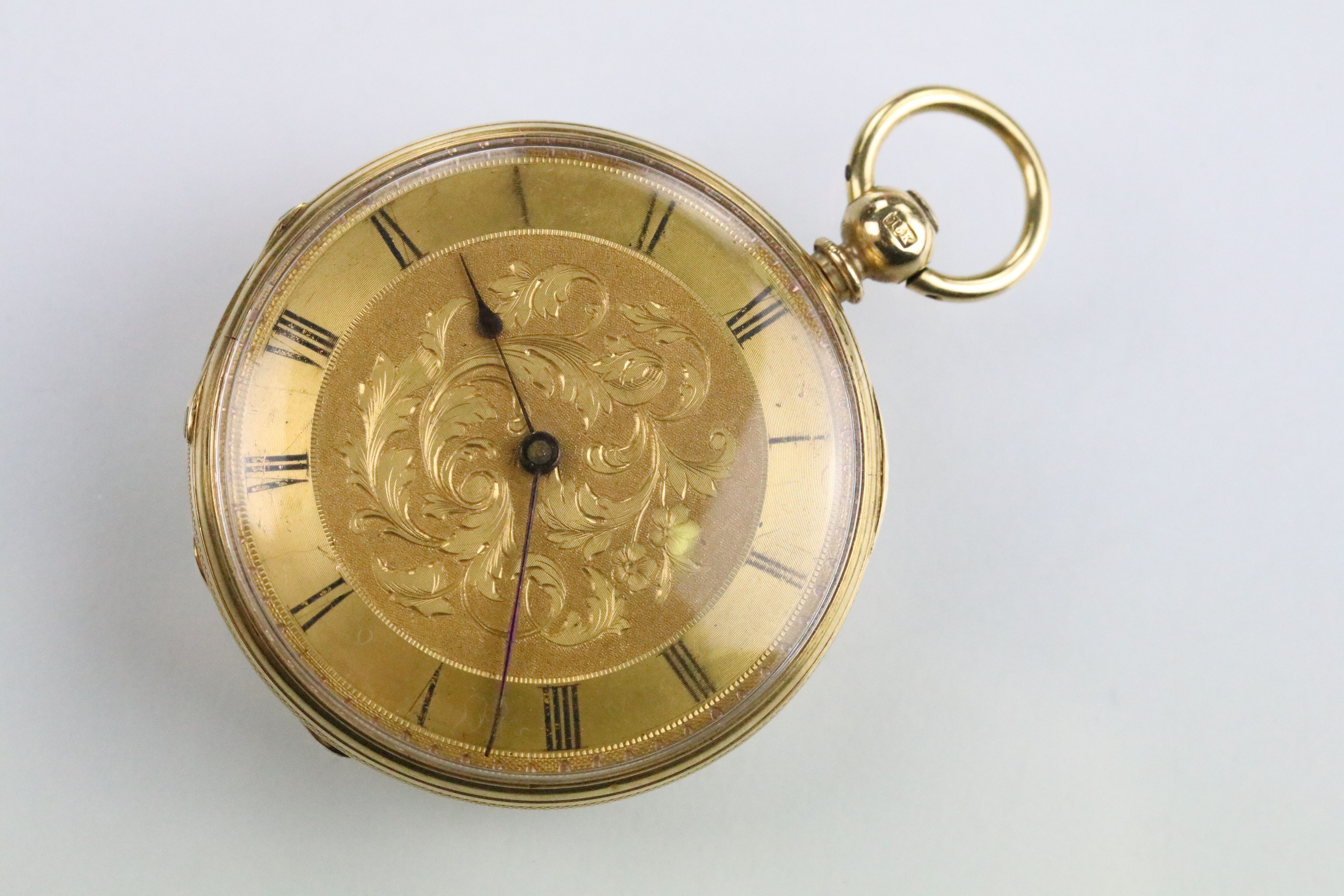 18ct gold open faced pocket watch having roman numerals to the chapter ring with foliate engraved - Bild 2 aus 12