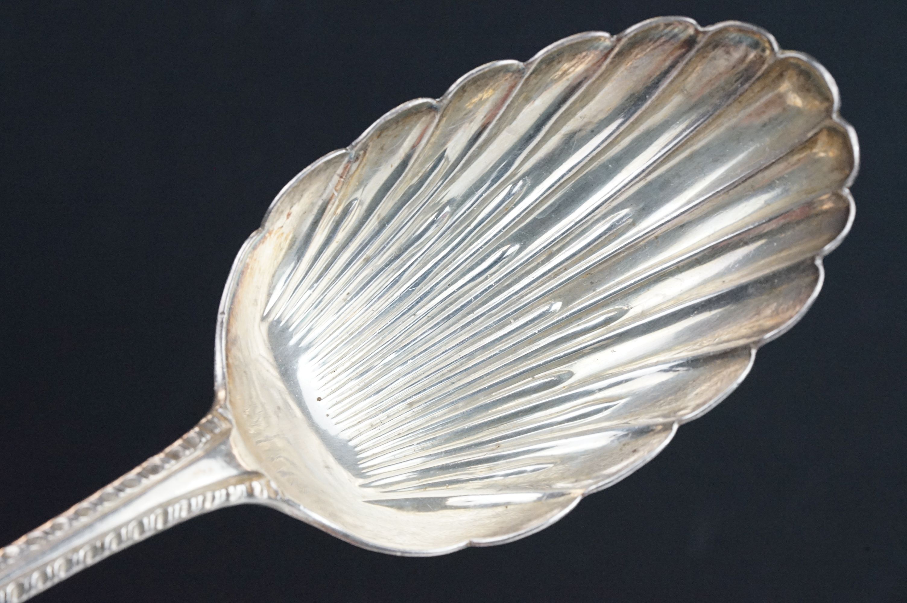 Pair of late 18th Century silver spoons having scallop shell formed bowls with pierced foliate - Image 5 of 6