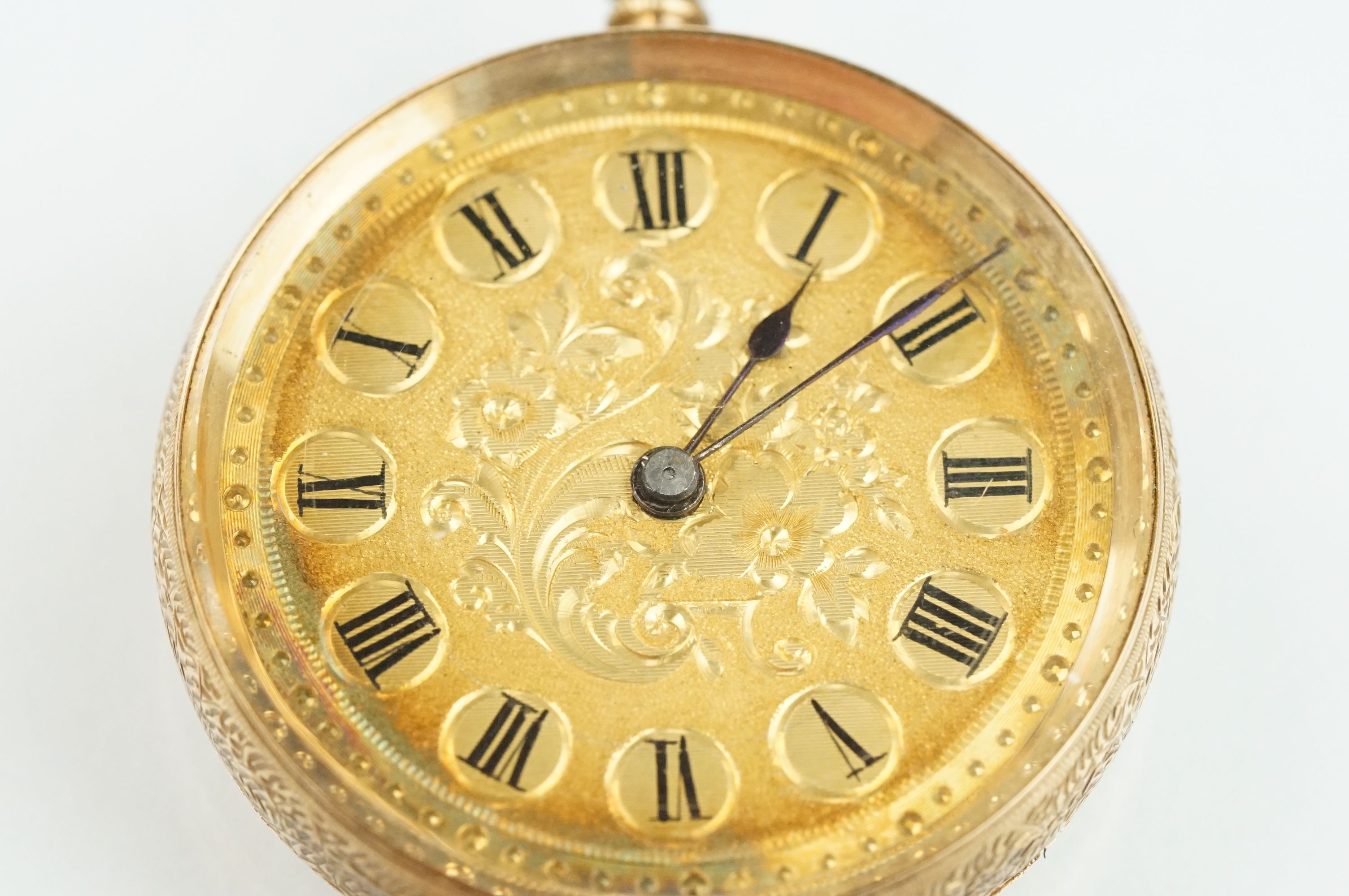 14ct gold open face pocket fob watch having a gilt face with foliate details and roman numerals to - Bild 3 aus 11