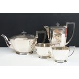 Art Deco silver hallmarked four piece tea service. The set to include teapot, hot water pot, sugar