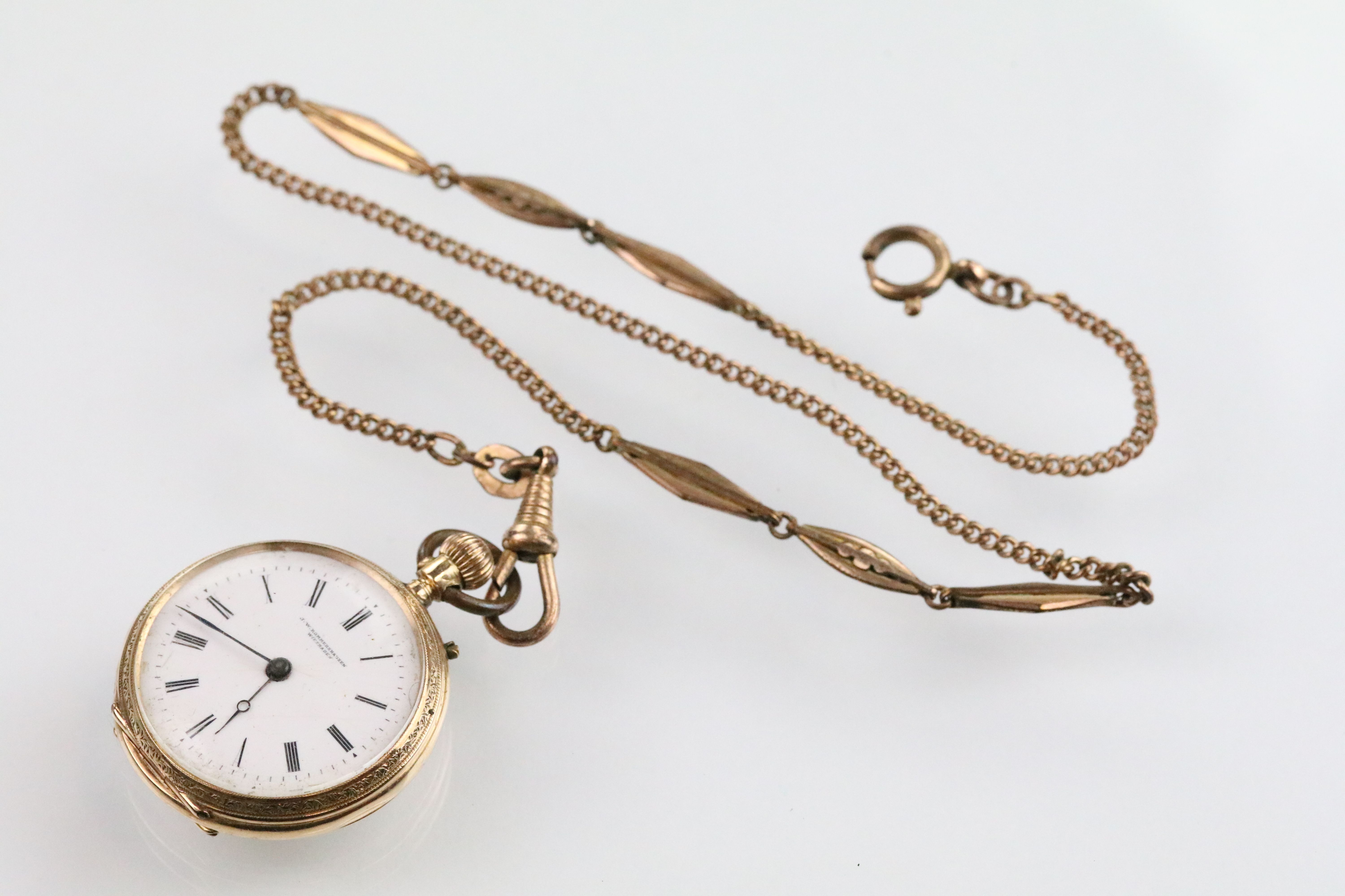 Early 20th Century 14ct gold fob pocket watch having a white enamelled face with roman numerals to