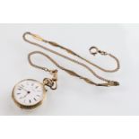 Early 20th Century 14ct gold fob pocket watch having a white enamelled face with roman numerals to