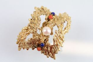 Mid Century 9ct gold pearl, coral and lapis lazuli brooch. The brooch of pierced textured form