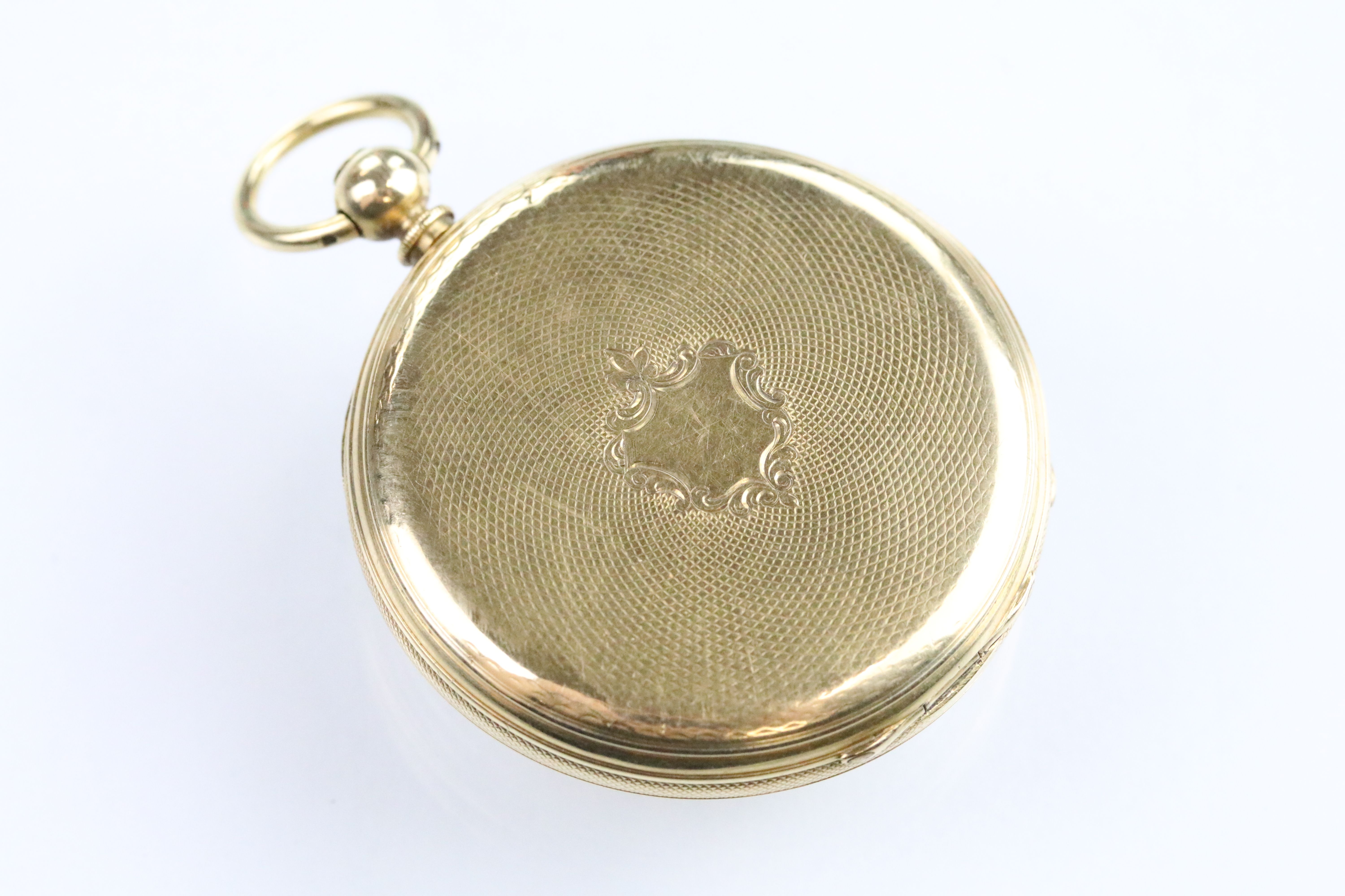 18ct gold open faced pocket watch having roman numerals to the chapter ring with foliate engraved - Bild 4 aus 12