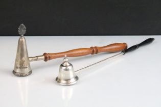 Two silver candle snuffers to include a snuffer with triangular snuff with flame to top (