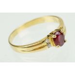 Ruby and diamond 18ct yellow gold ring, the oval mixed cut ruby measuring approx 5.5 x 4.5mm, claw