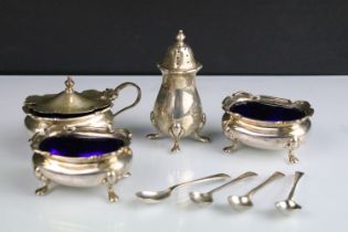 Walker & Hall silver hallmarked cruet set to include two table salts, mustard pot and a pepper