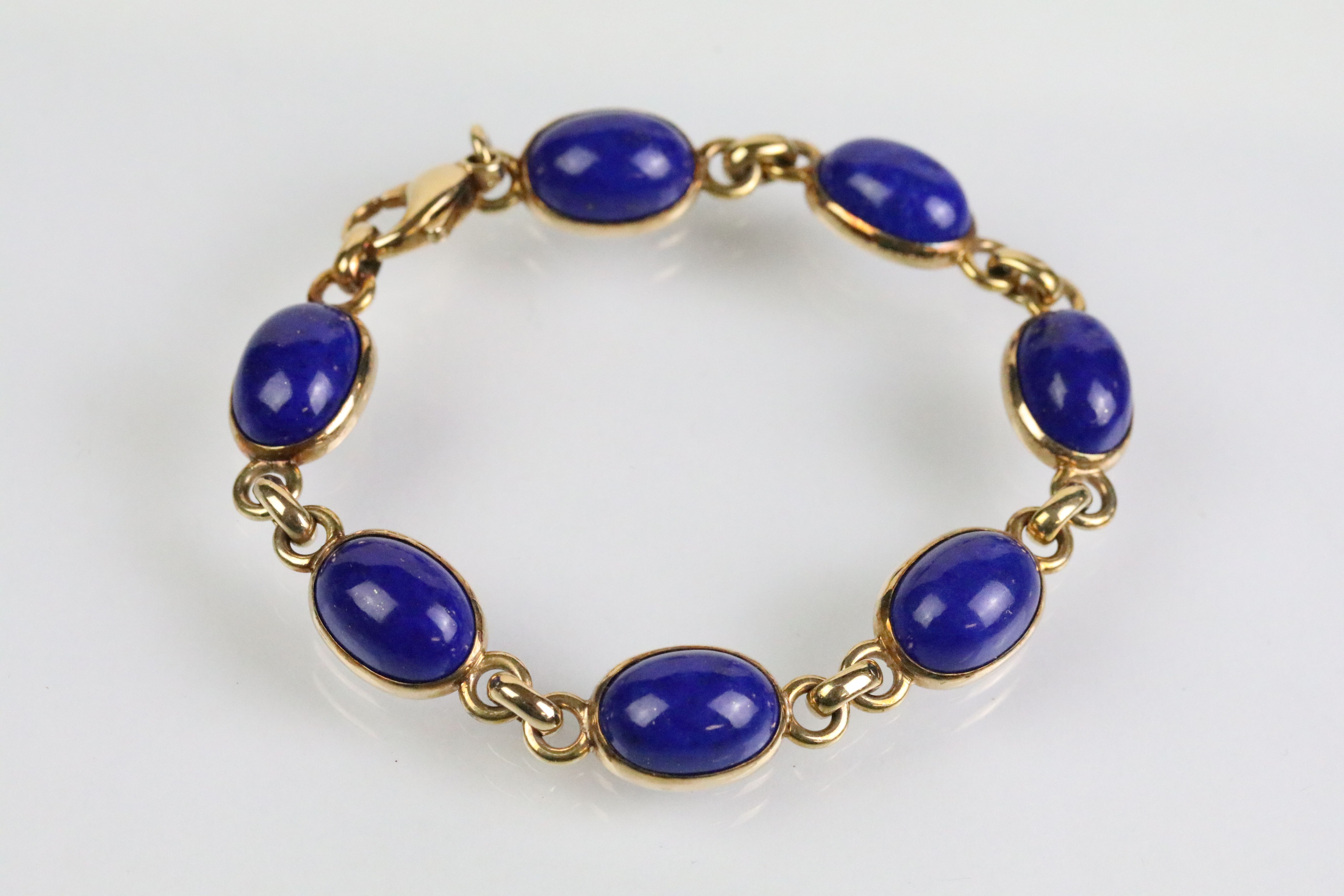 9ct and lapis lazuli necklace, bracelet and earrings. The bracelet set with seven lapis lazuli - Bild 8 aus 12