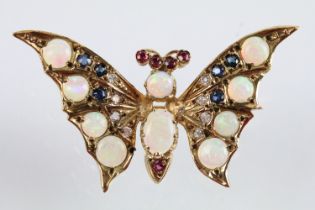 9ct gold hallmarked opal, diamond, sapphire and ruby butterfly brooch. The brooch set with with