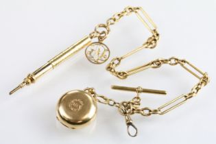 18ct gold figaro link pocket watch chain complete with T bar and spring ring clasp, mounted with