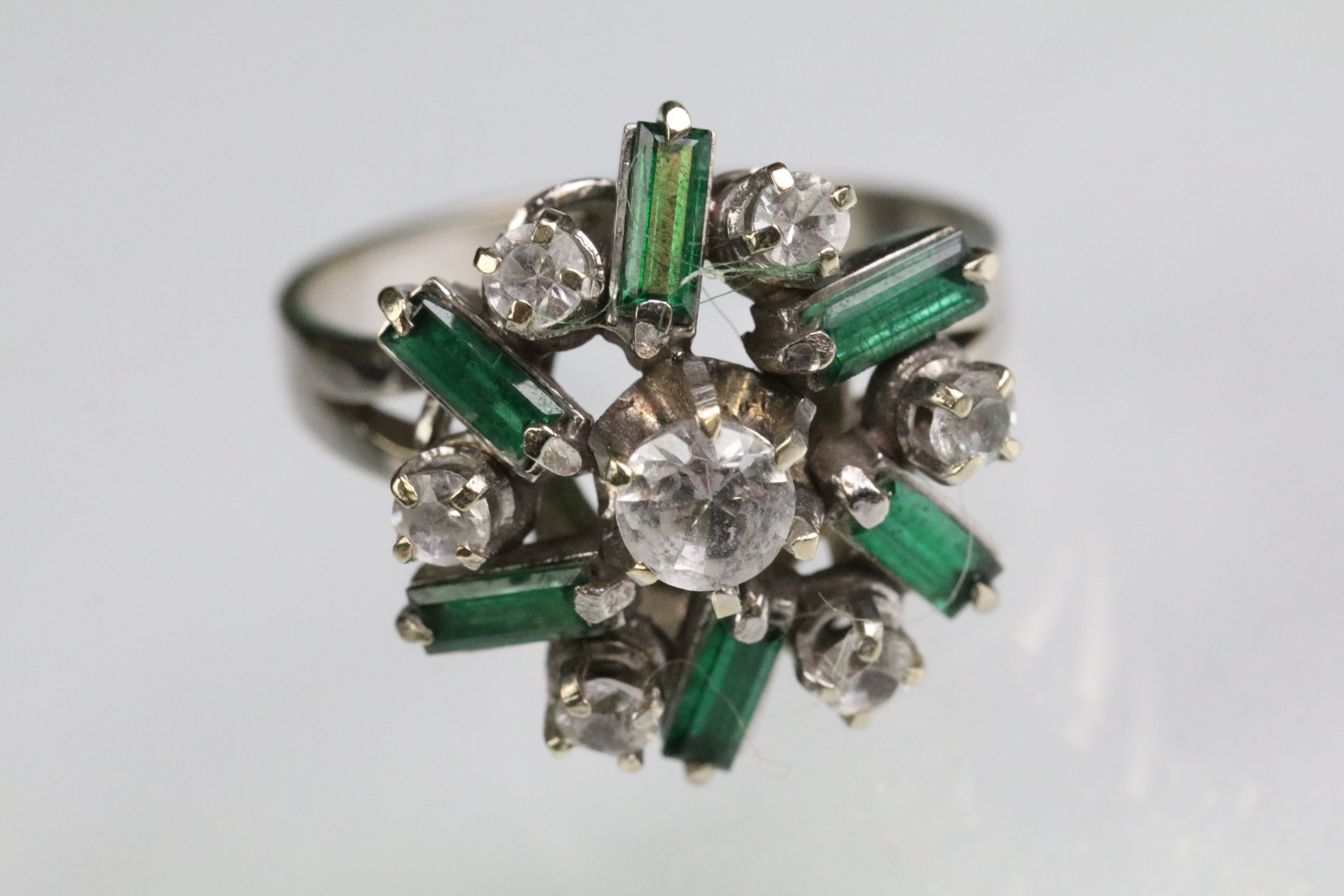 French platinum and paste cluster ring set with seven round cut white paste stones and six - Image 2 of 4